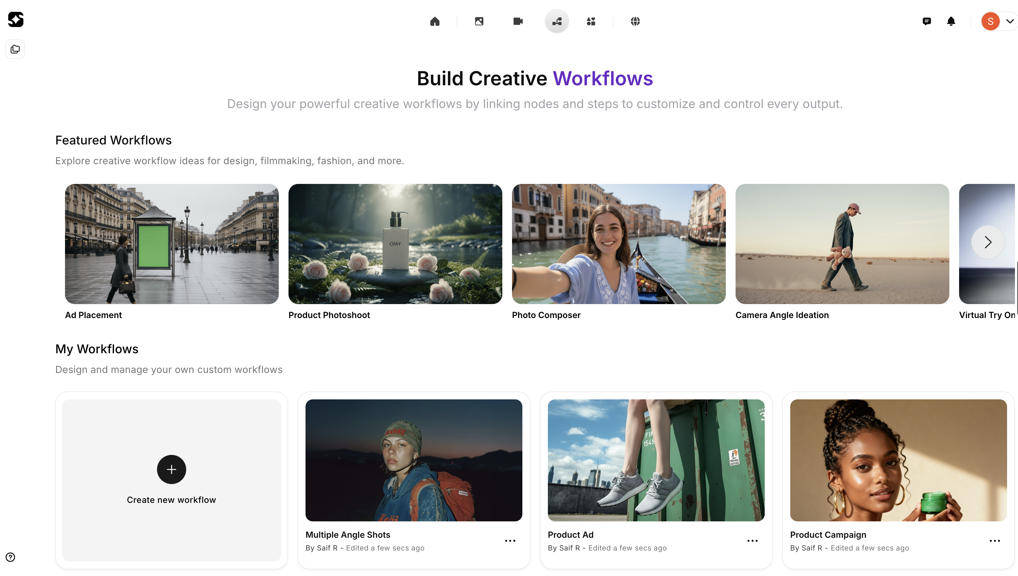 Featured workflows on dashboard