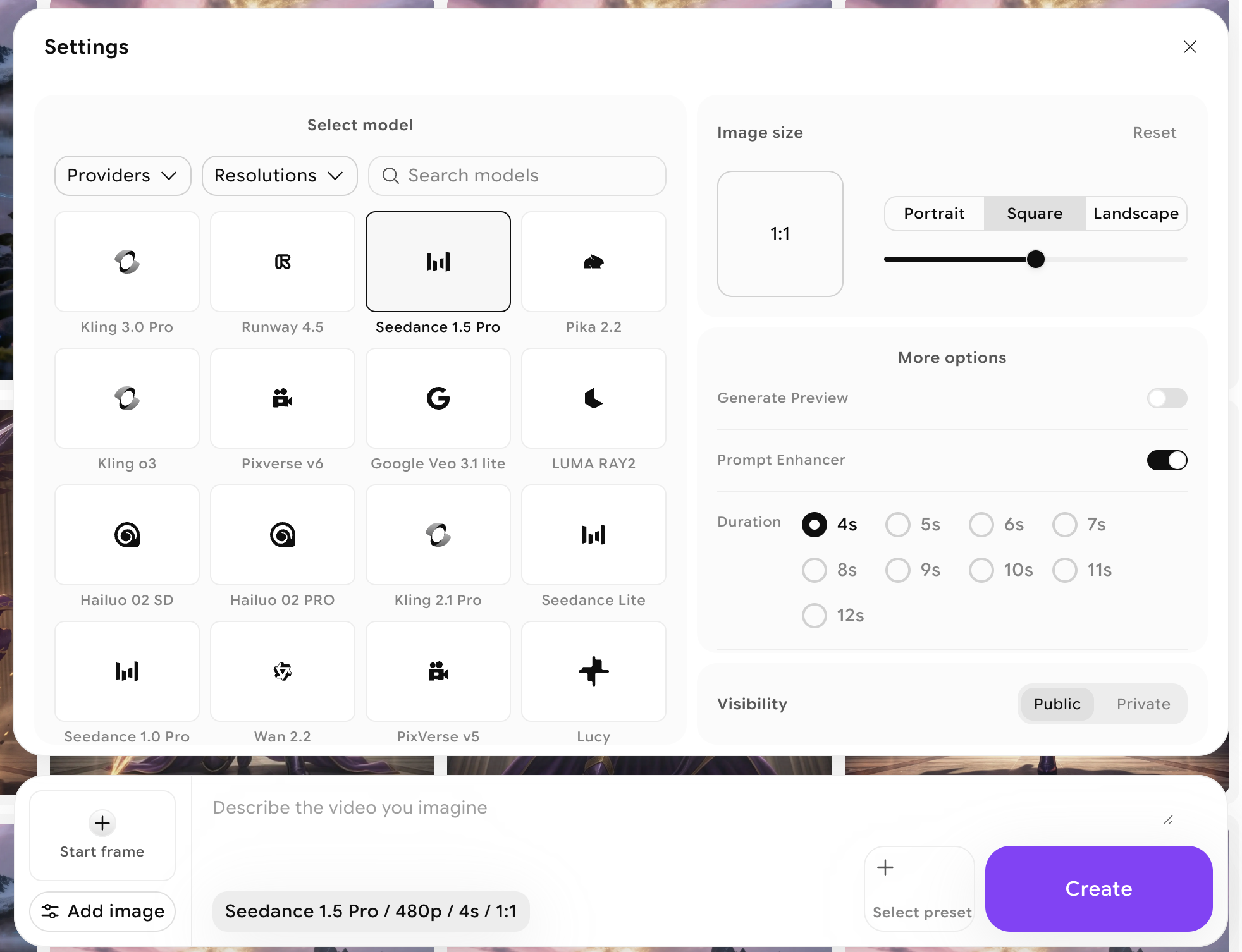 Model and settings selection